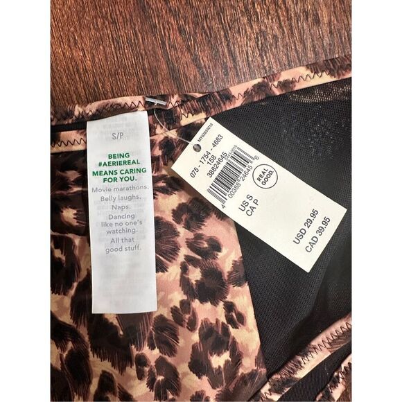 Aerie Black and Tan Leopard Bikini Bottom With Mesh Side Panels Size Small - Picture 3 of 5